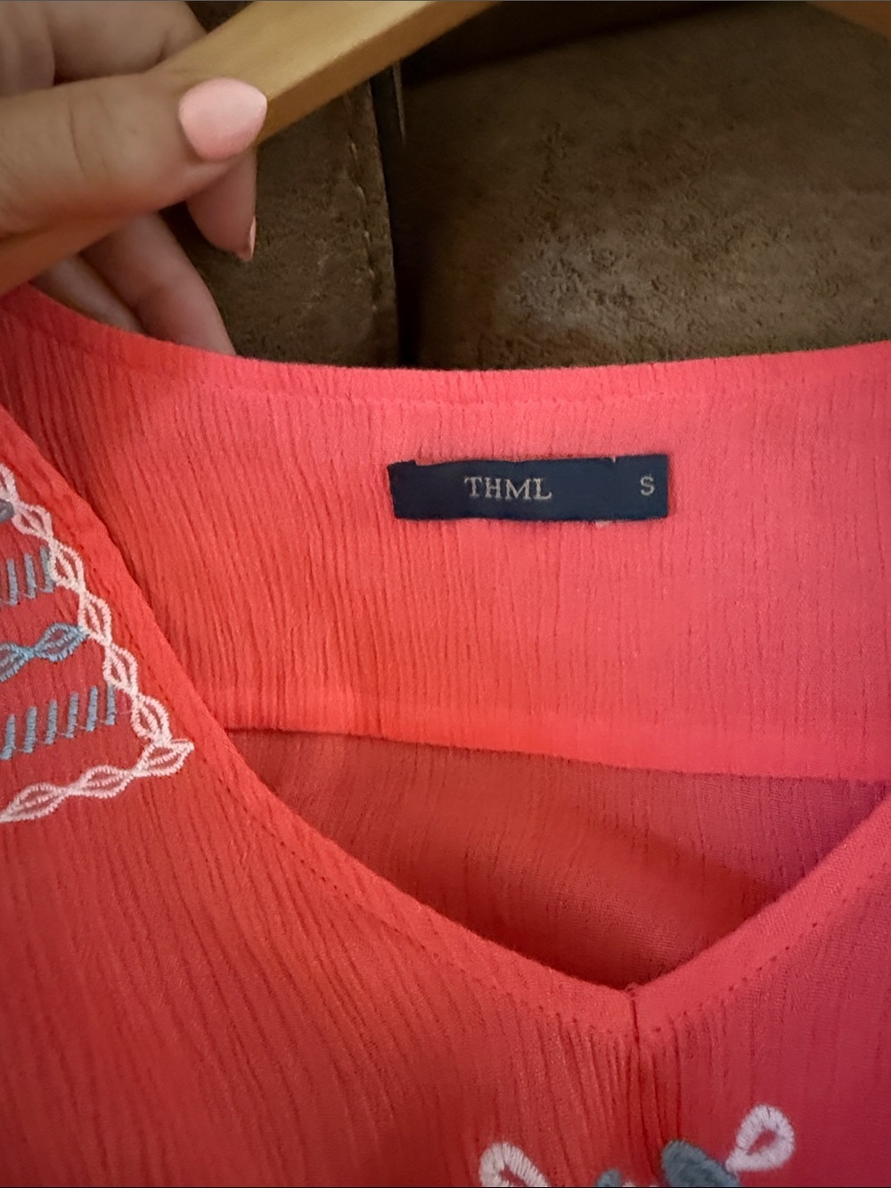 NWOT THML Embroidered Boho 3/4 sleeve Dress with Tassel Tie at Waist in Coral S - Picture 6 of 6